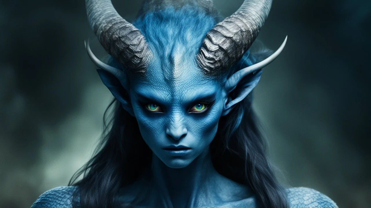 extraterrestrial femine being, blue skin, big black eyes, horns, angry, reptilian mode