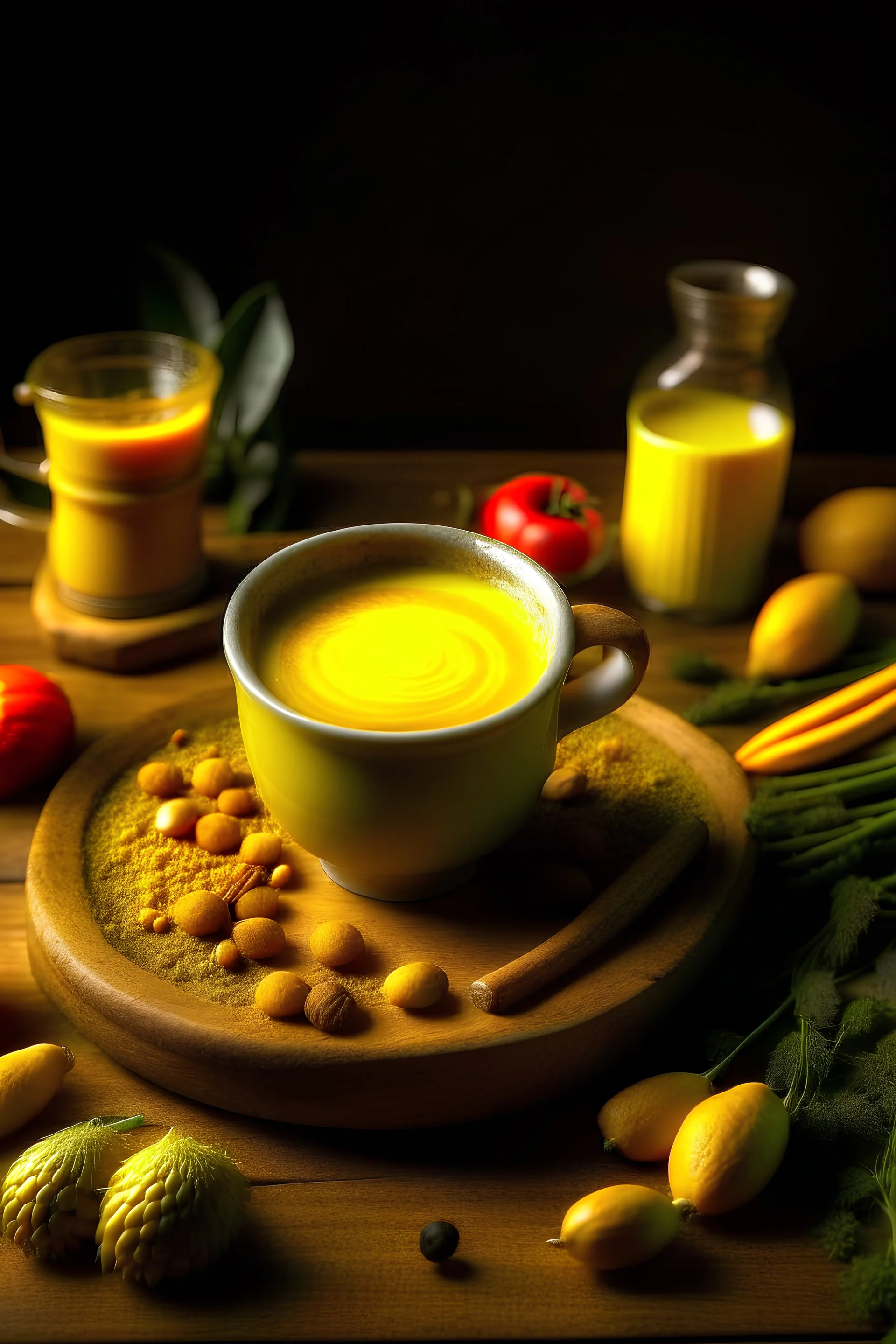 "Craft an image of a serene kitchen scene with a golden-hued cup of Turmeric Golden Milk, surrounded by fresh ingredients, emitting a sense of warmth and balance."