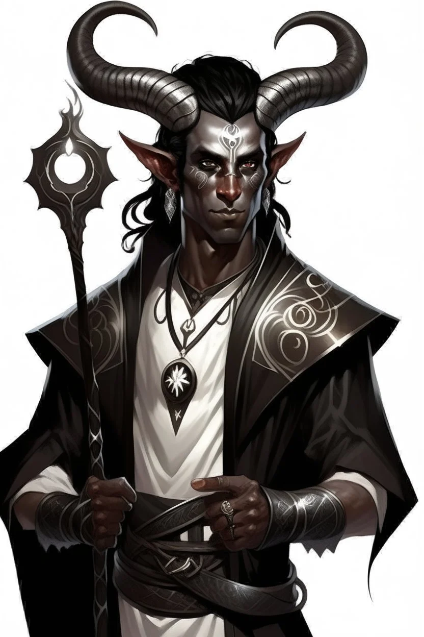 En Young male Black skin black hair tiefling Wizard with large horns glowing Silver and White symbols