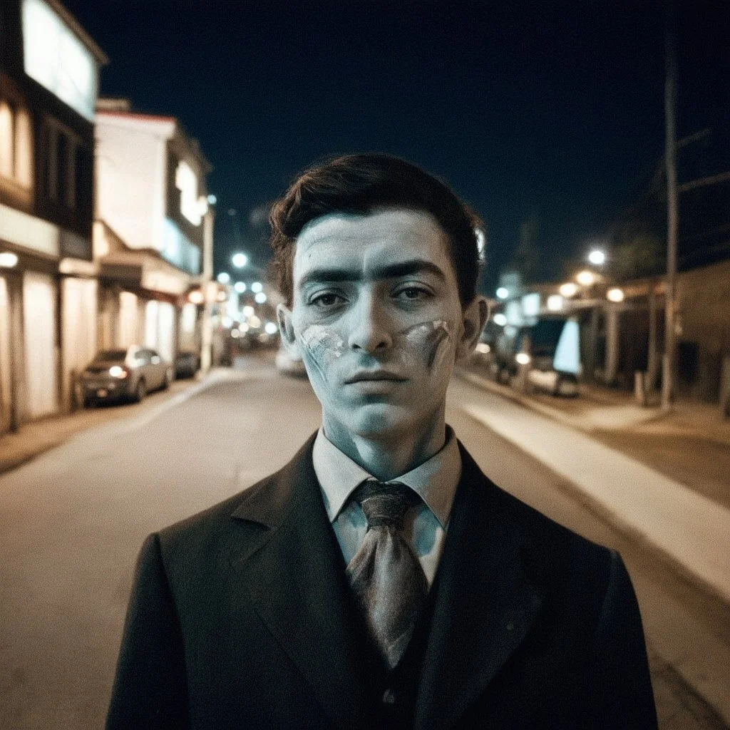 very grainy discolored modern photo, closeup portrait, dark night street, grunge, male with chalk-white skin, 1910's costume