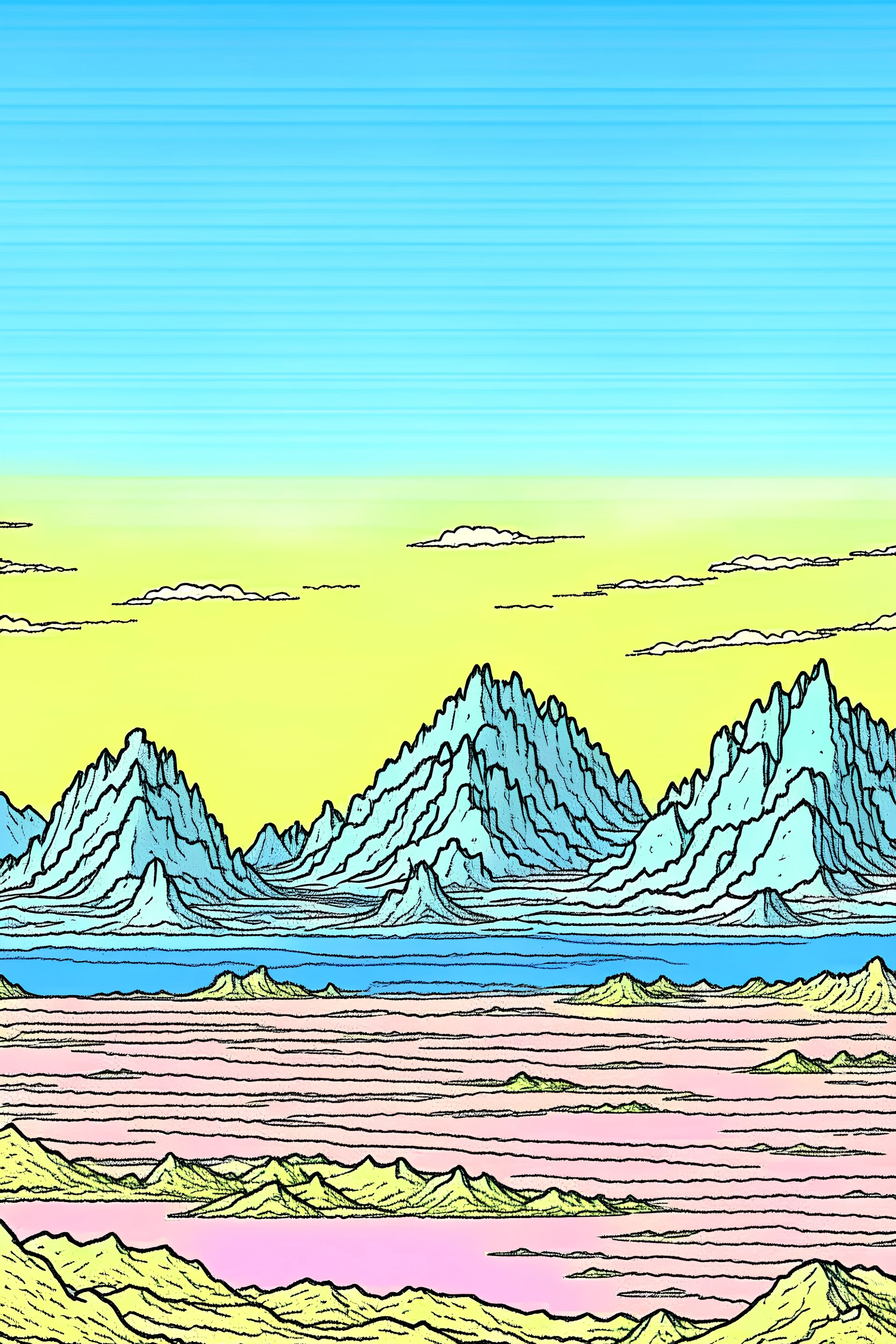 mountains in the distance in the style of Moebius