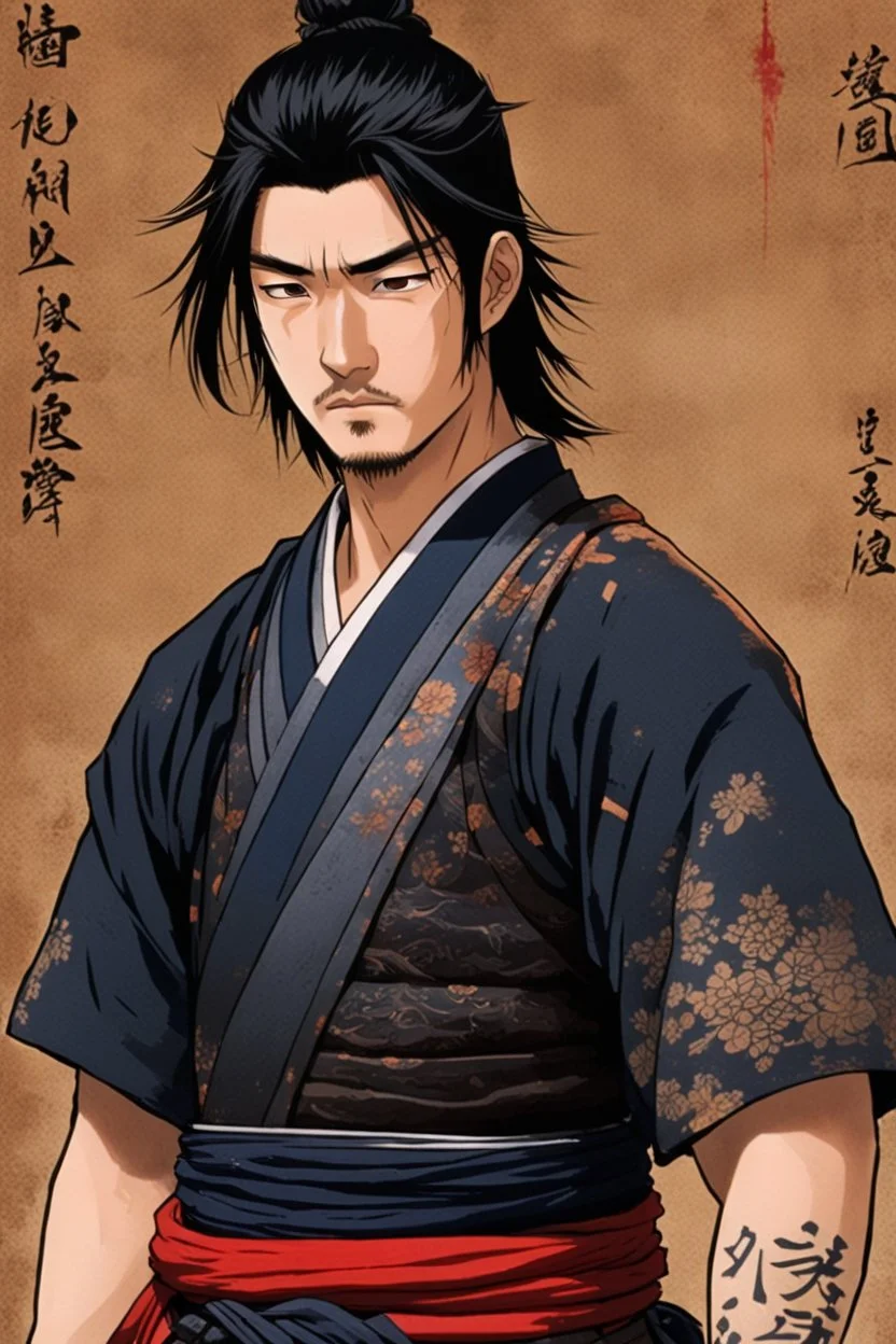 A Young Man who is a Samurai, he has scars, cuts, and marks on his body. His body looks war torn, and he is missing his left arm from his shoulder. He has long black hair and has a stuble for facial hair.