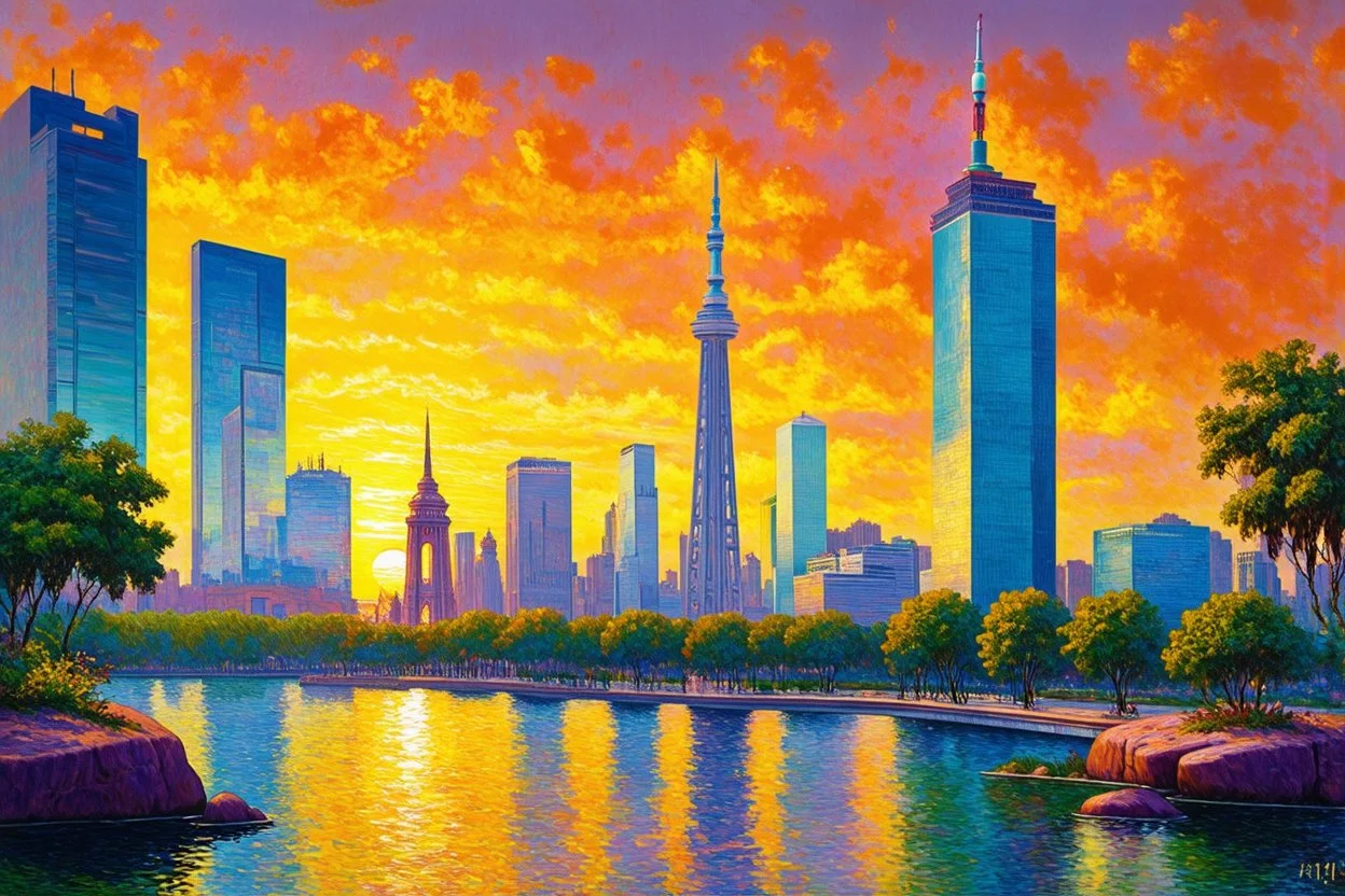 sunset, buildings, lake, rocks, city, trees, cyberpunk, sci-fi, claude monet impressionism paintings