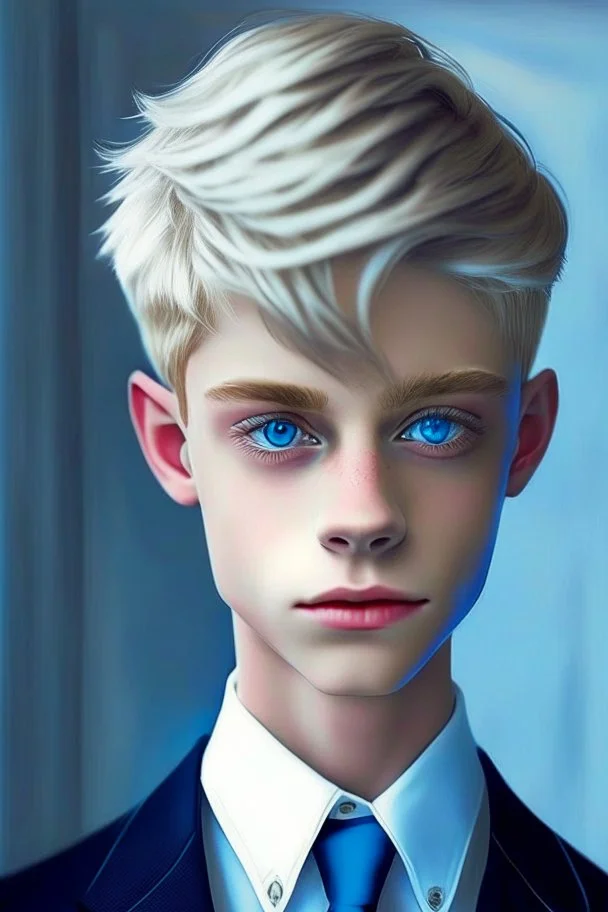 A cute Twink boy, haircut, blue eyes, suit