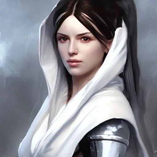 a _ fantasy _ style _ portrait _ painting _ of beautiful white female black silky hair short head smirk round face hood robe rpg dnd oil _ painting _ unreal _ 5 _ daz. _ rpg _ portrait _ extremely _ detailed _ artgerm _ greg _ rutkowski _ greg