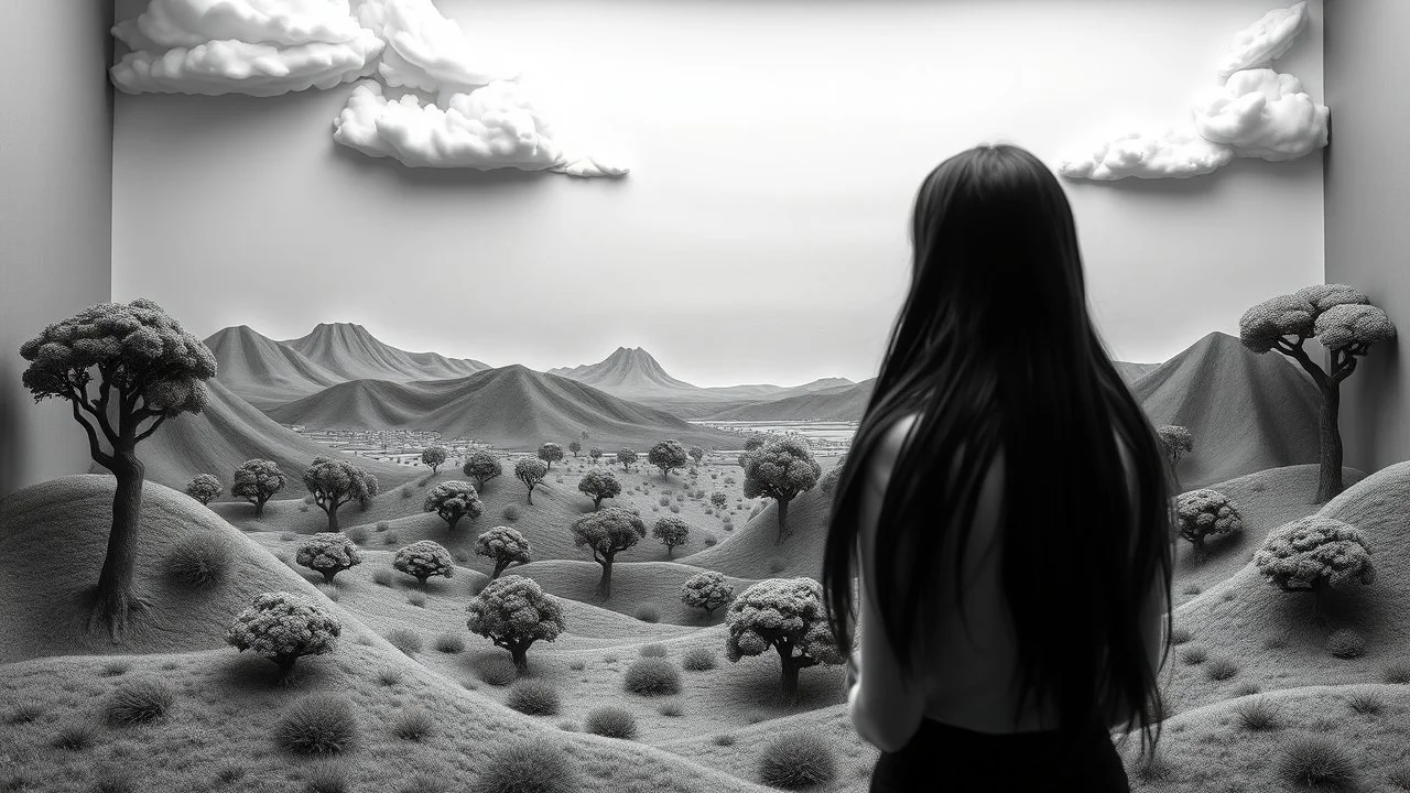 Black and white and colors, 3d surreal, hand-made modeling landscape, long dark hair woman contemplating, immersive-inspired dreamlike landscape, inside and out, salvador dali inspiration