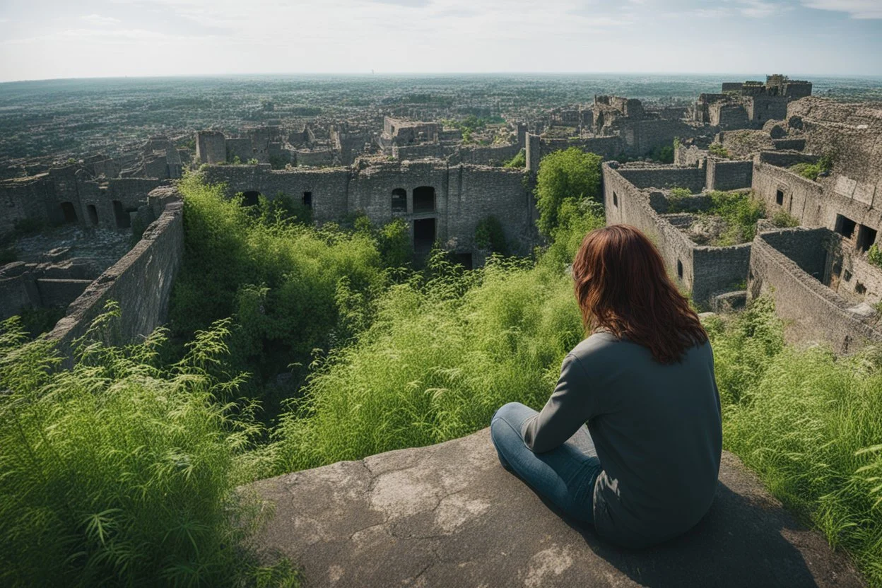 wide-angle shot of a lone woman. sitting on a wall, looking down at a ruined city overrun with weeds, plants, and trees