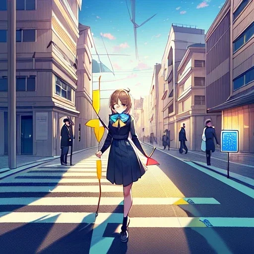 anime girl walking down a yellow brick road, holding a bow with arrow , road signs, arrows, direction into the street