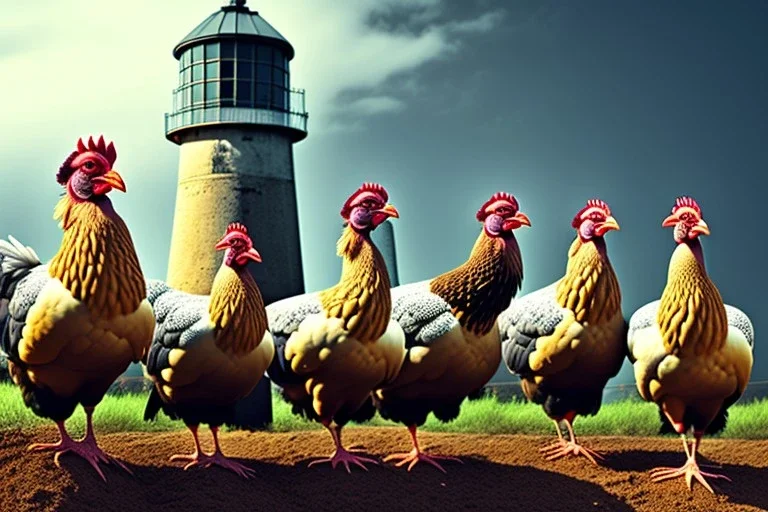 Five hens in front of a lighttower