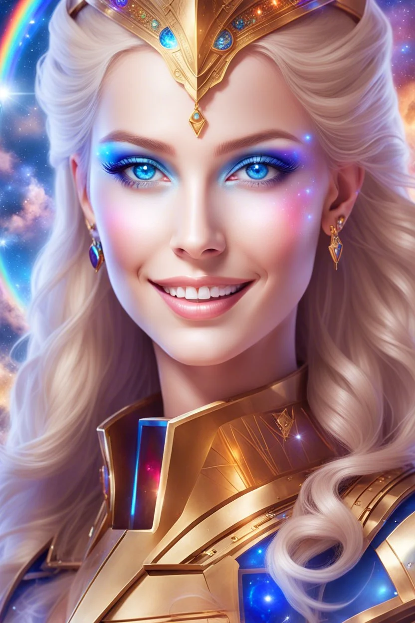 cosmic woman smile, admiral from the future, one fine whole face, crystalline skin, expressive blue eyes,rainbow, smiling lips, very nice smile, costume pleiadian, Beautiful tall woman pleiadian Galactic commander, ship, perfect datailed golden galactic suit, high rank, long blond hair, hand whit five perfect detailed finger, amazing big blue eyes, smilling mouth, high drfinition lips, cosmic happiness, bright colors, blue, pink, gold, jewels, realist, high,rainbow commander