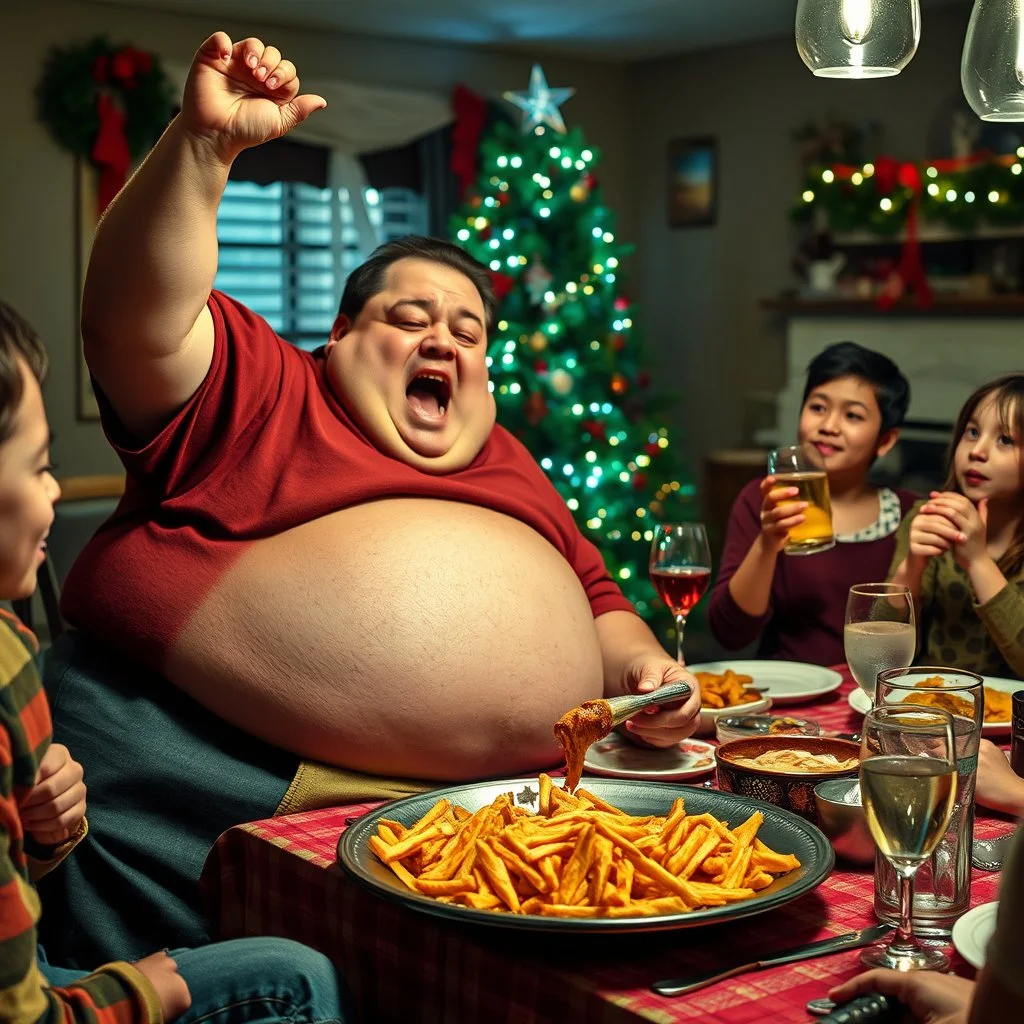 Holidays diaster meal, drunk Uncle Phil singing into drumstick while very drunk, fat belly hanging out over pants, photoreal, family holiday party, christmas tree in background