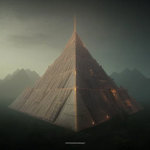 a old huge pyramid in the mountains with a tiny city around it, tilt shift, scary, steam punk, realistic, made in octane, cinematic, ultra-realistic, extremely detailed octane rendering, 8K, VRAY Super Real ar 2:3, dof photorealistic futuristic 50mm lens hard lighting dark gray tintype photograph, realistic lighting, sepia color