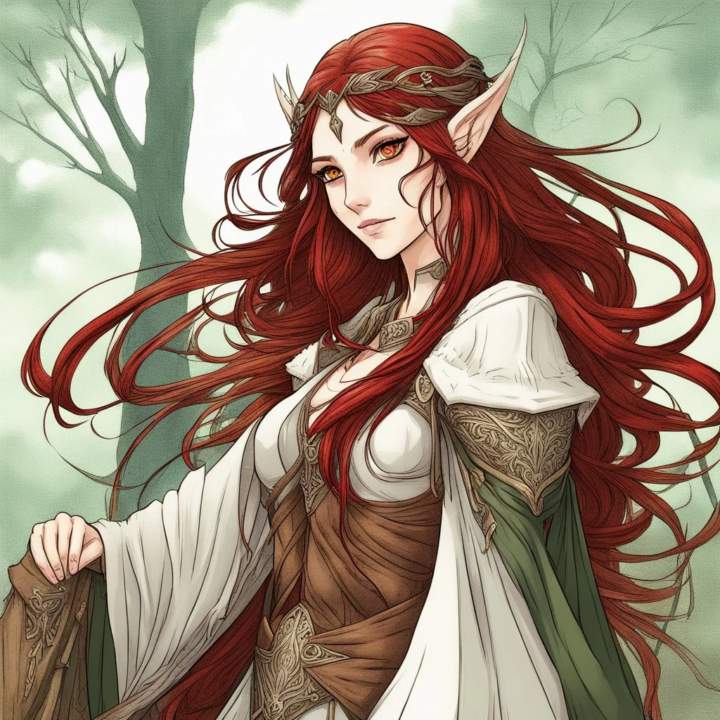 A confident high elven woman with long brown hair and red eyes, colored manga style, fantasy setting, intricately detailed