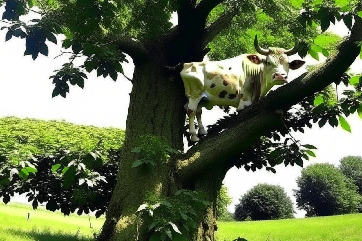 cow stuck in the top of a tree can not get down