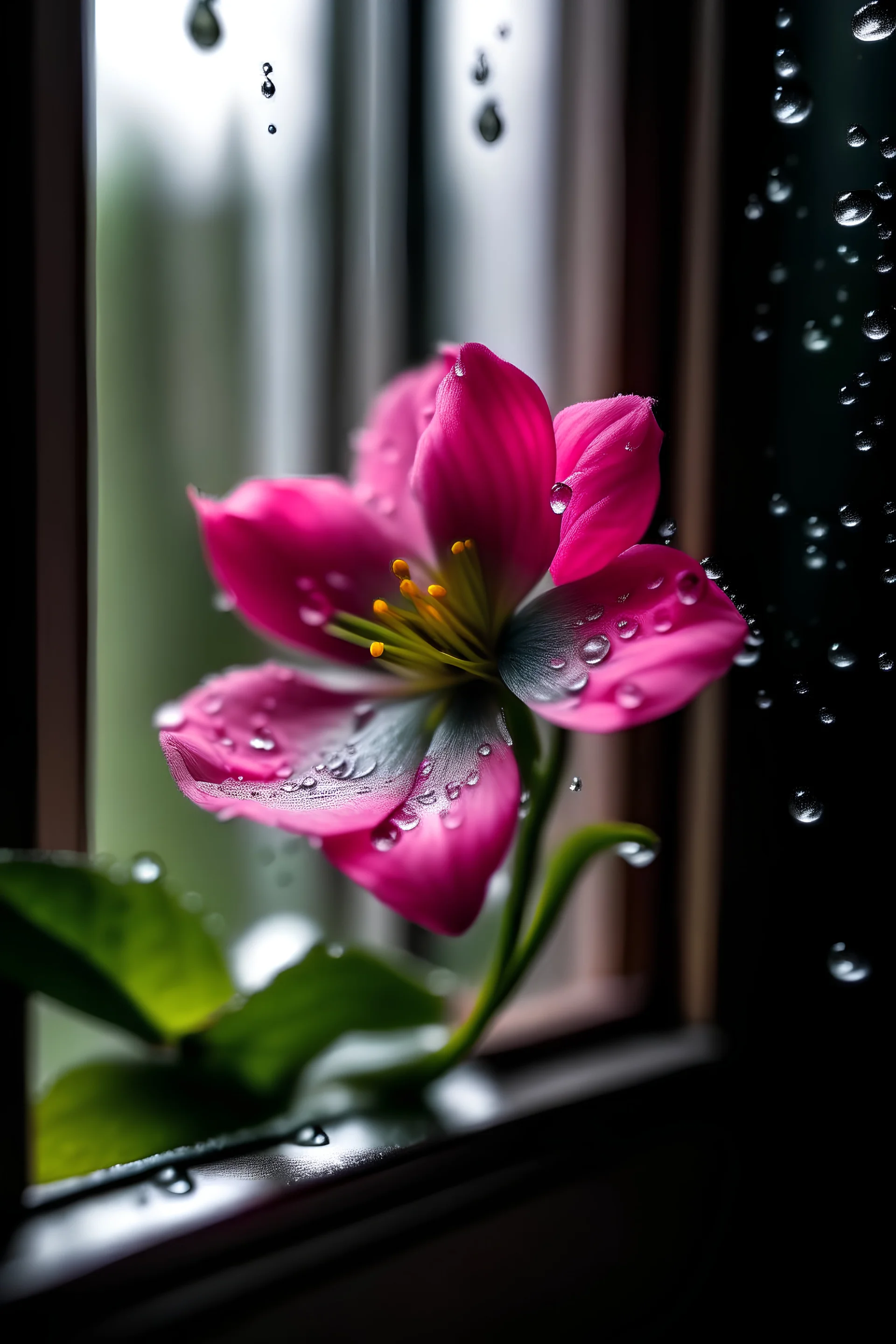 pink flower with water drops in front of window