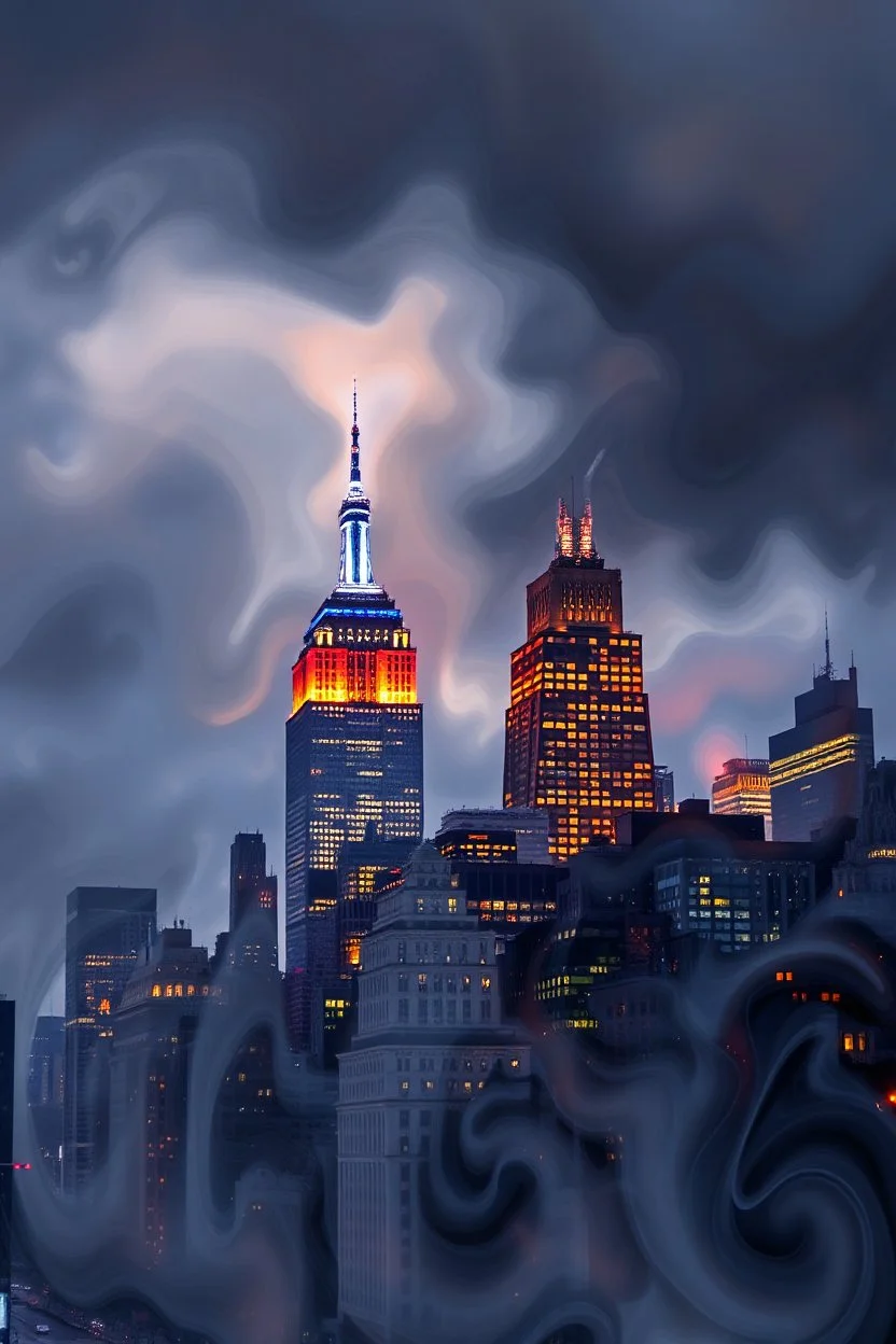 New York City buildings at night in Abstract Fluid, cloudy sky