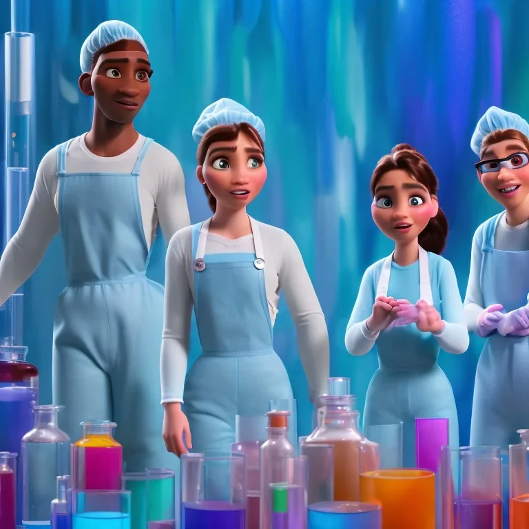 group of scientists is in the laboratory. invent new colors. smoke rises from multi-colored glassware. they are wearing overalls. color swatches in the background. hyperdetailed, orange and teal, warm colors, detailed painting, photorelistic, oil on canvas, light dust, futuristic. volumetric lighting