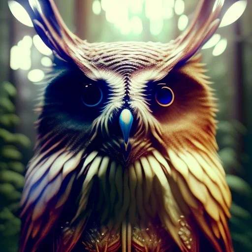 intricate details, realistic, octane, unreal engine, portrait, natural lighting,zoomed out + portrait, volumetric lighting, shiny,extreme detail, Photorealism, High detail, Hyper realistic Owl in forest, macro lens blur,abstract paint, sharp,ef 85mm 5.6, focus, trending by artstation