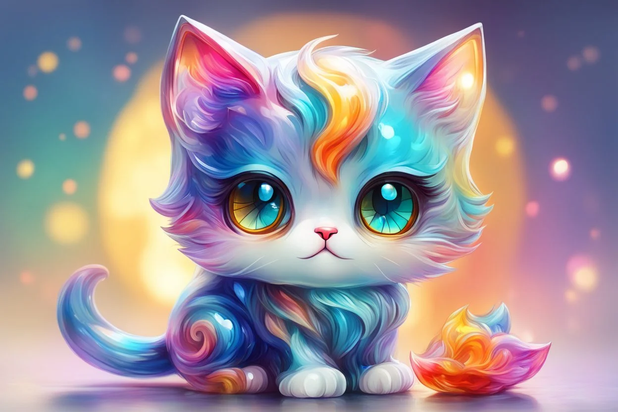 Cute chibi colourful Glass cat in style of Mariya Markina, digital painting; fantasy; very attractive; beautiful; high detail; cinematic postprocessing; acrylic art in sunshine