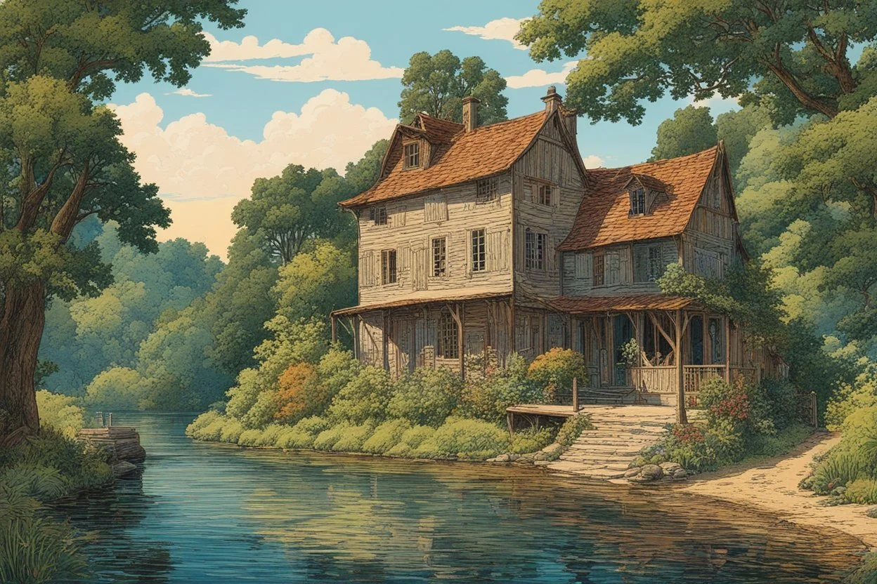 museum quality color woodcut landscape of a fanciful 18th century ramshackle French country millhouse nestled on the banks of the Dordogne River , on a blissful summer morning, in the style of Gustave Baumann, with a fine art aesthetic, highly detailed, finely cut ,8k render, soft early summer colors