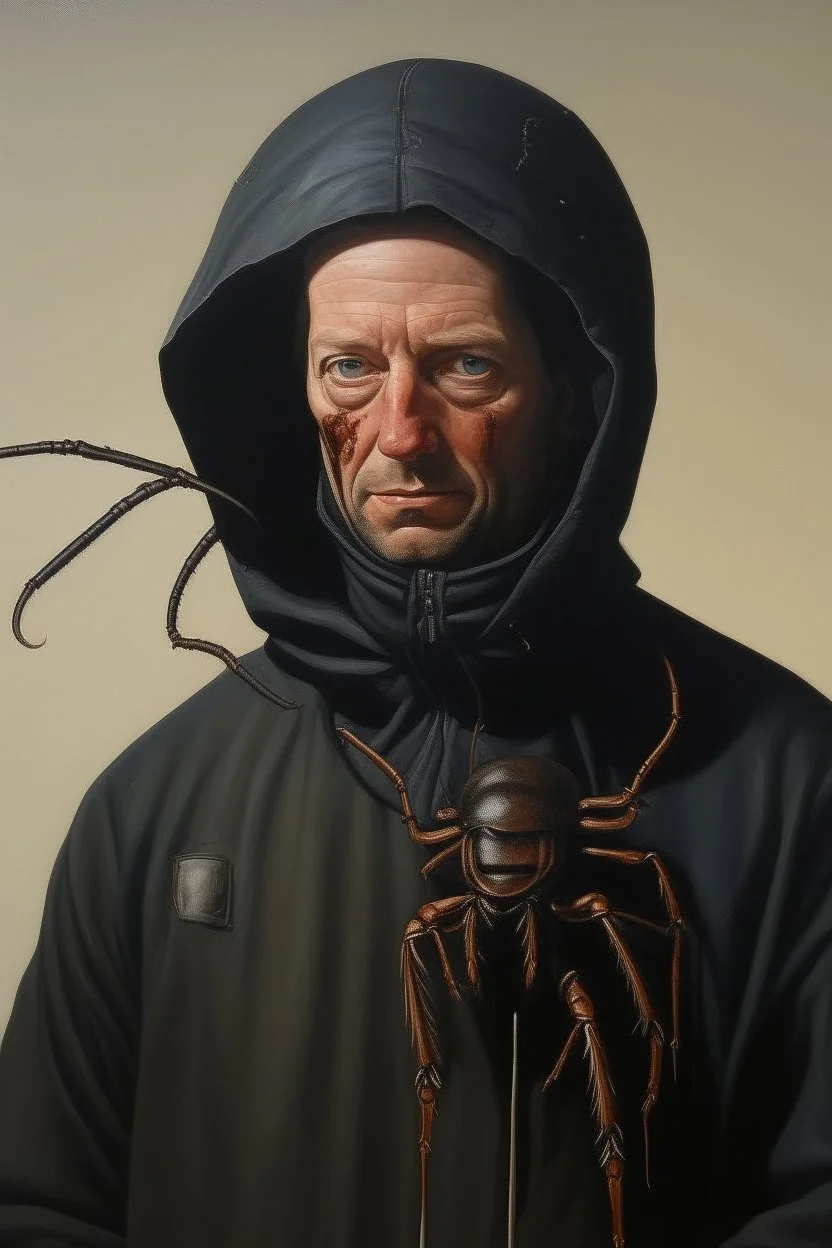 Th tall man with an Ant face with black hood , Busch painting style