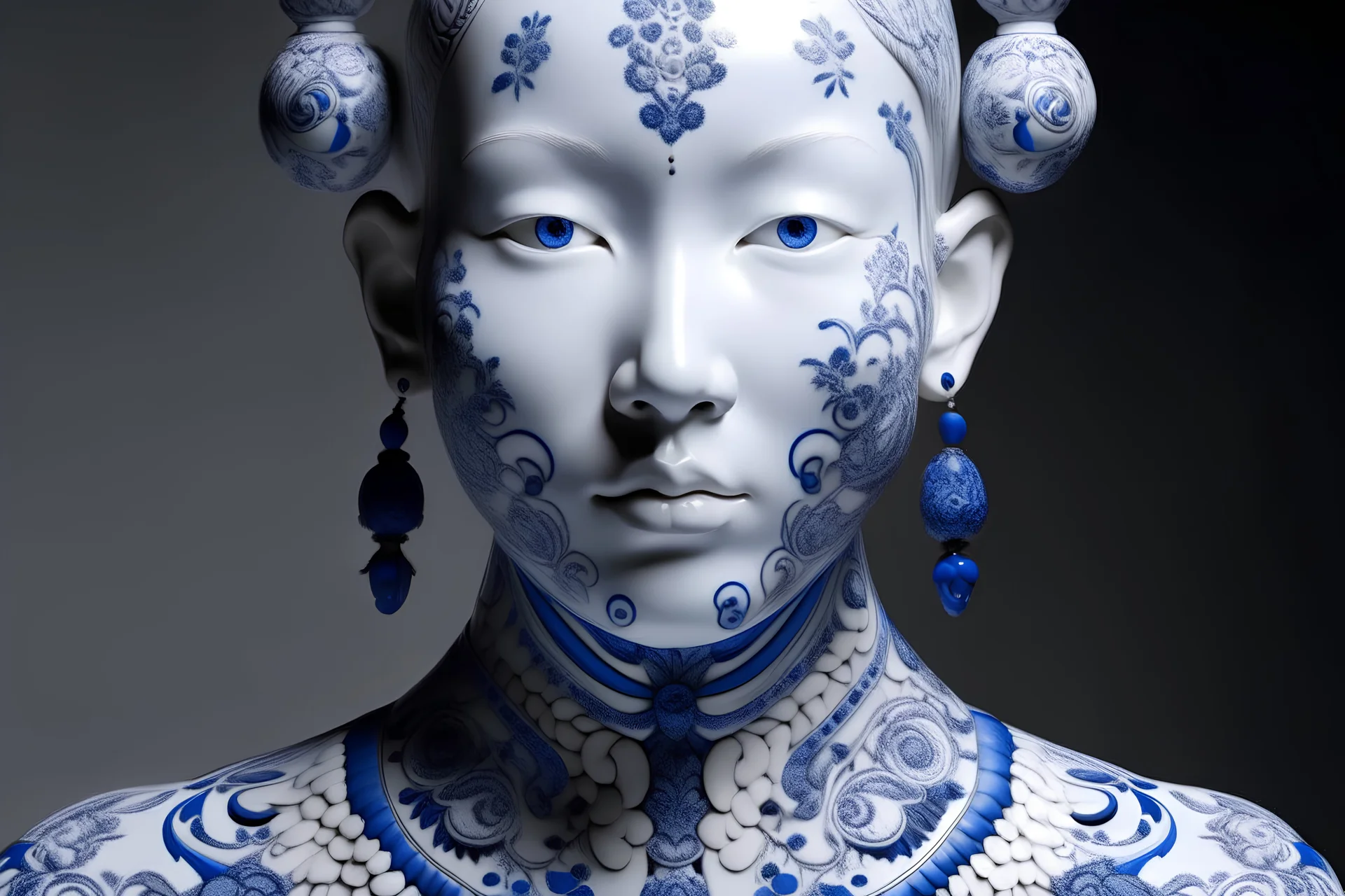 a woman made out of porcelain, in the style of balanced symmetry, white and blue, detailed facial features, organic forms, meticulous portraiture, complex patterns