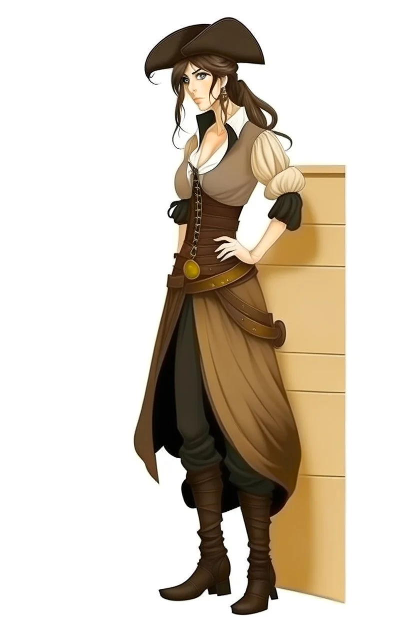 pirate woman with -cut dress leaning against the wall, realistic style, full figure