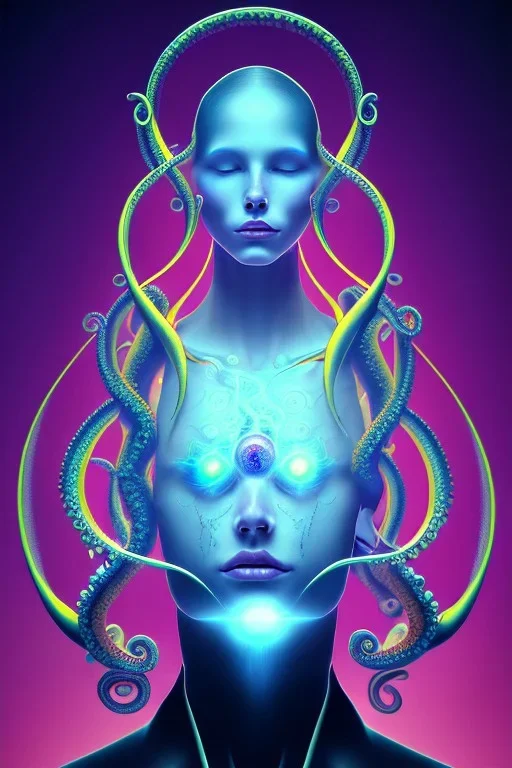 Spiritual being with Tentacles over human Head creating reality around, wrapping Spiral around Human, Psychedelic