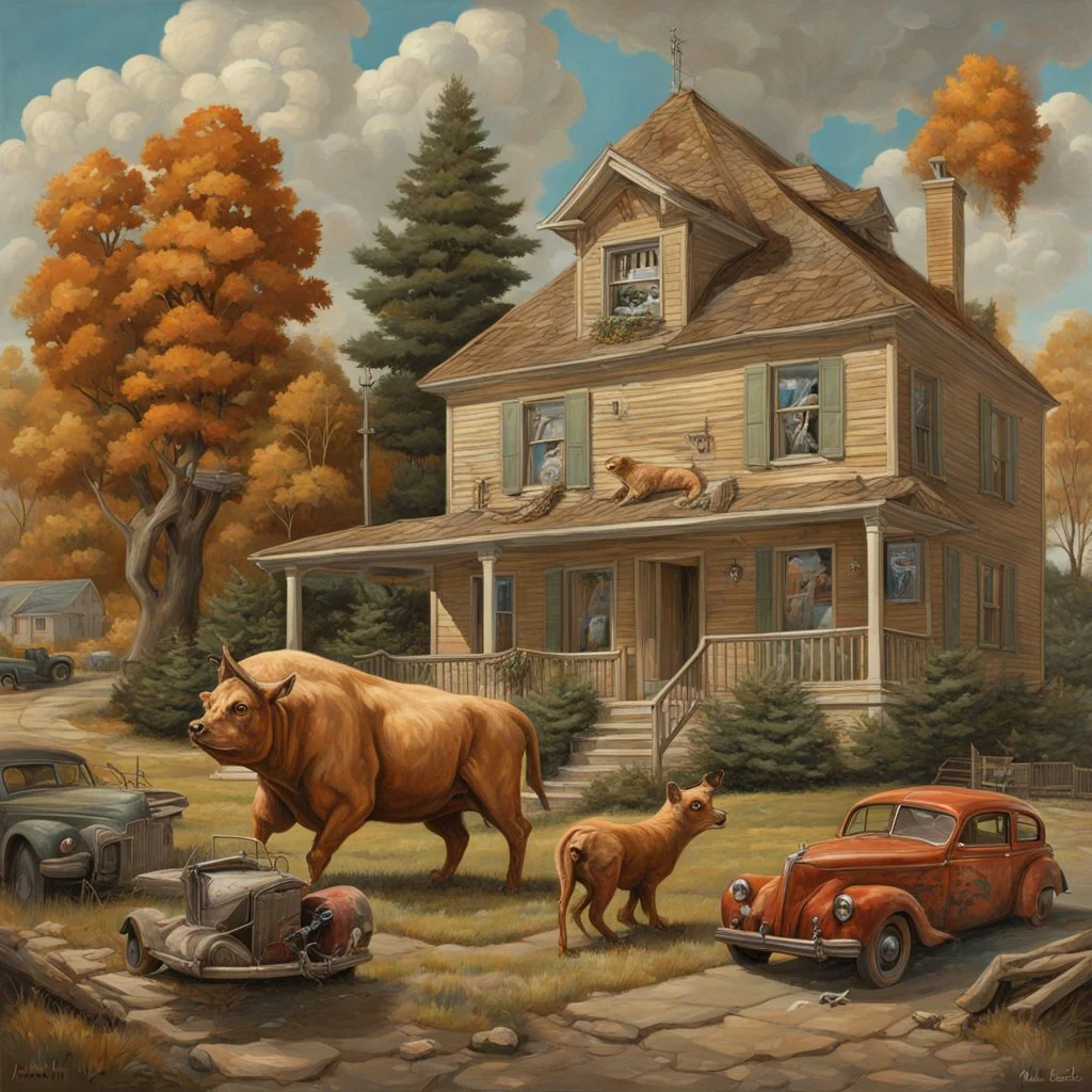 "State of the Union 2" by John Brosio, surreal Larger-Than-Life Animals Terrorize Suburban Towns in oil Paintings, fantastic animals larger than the houses, dramatic cinematic stop motion, impressionism, concept art, realistic Norman Rockwell style.