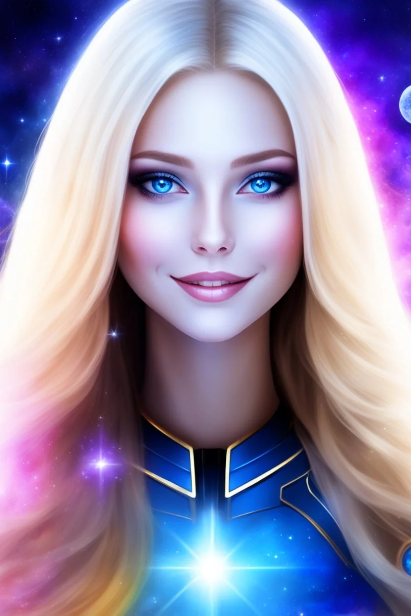 cosmic woman smile, admiral from the future, galactic confédération, fine whole face, crystalline skin, expressive blue eyes,rainbow, smiling lips, very nice smile, costume pleiadian, Beautiful tall woman pleiadian Galactic commander, ship, perfect datailed golden galactic suit, high rank, long blond hair, hand whit five perfect detailed finger, amazing big blue eyes, smilling mouth, high drfinition lips, cosmic happiness, bright colors, blue, pink, gold, jewels, realist, high,rainbows