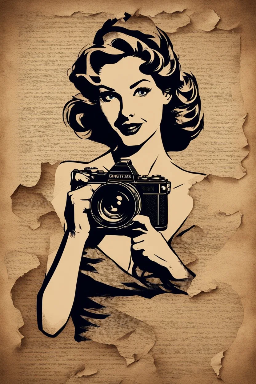 portrait of a woman with a camera, background old crumpled torn paper, pin-up style