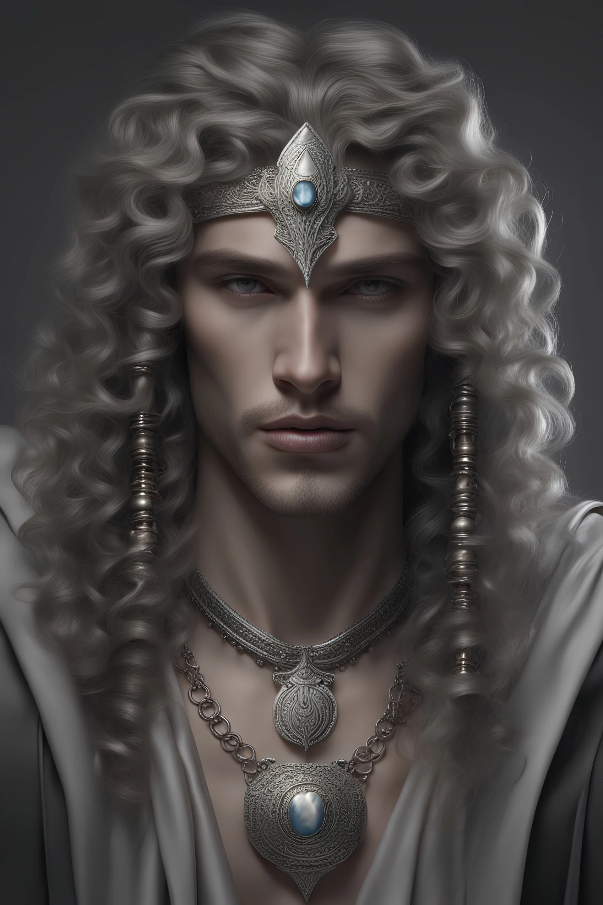 silver jewelry, fantasy, medieval, long curly hair, Egyptian, man