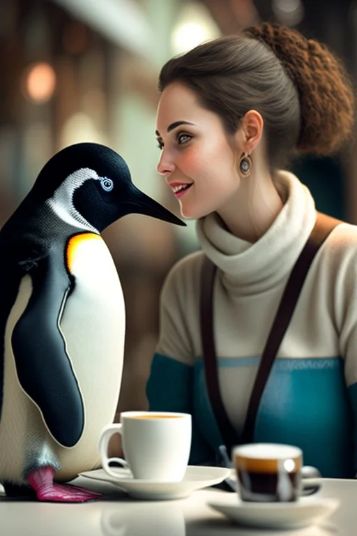 young woman talk to a penguin in coffee-shop