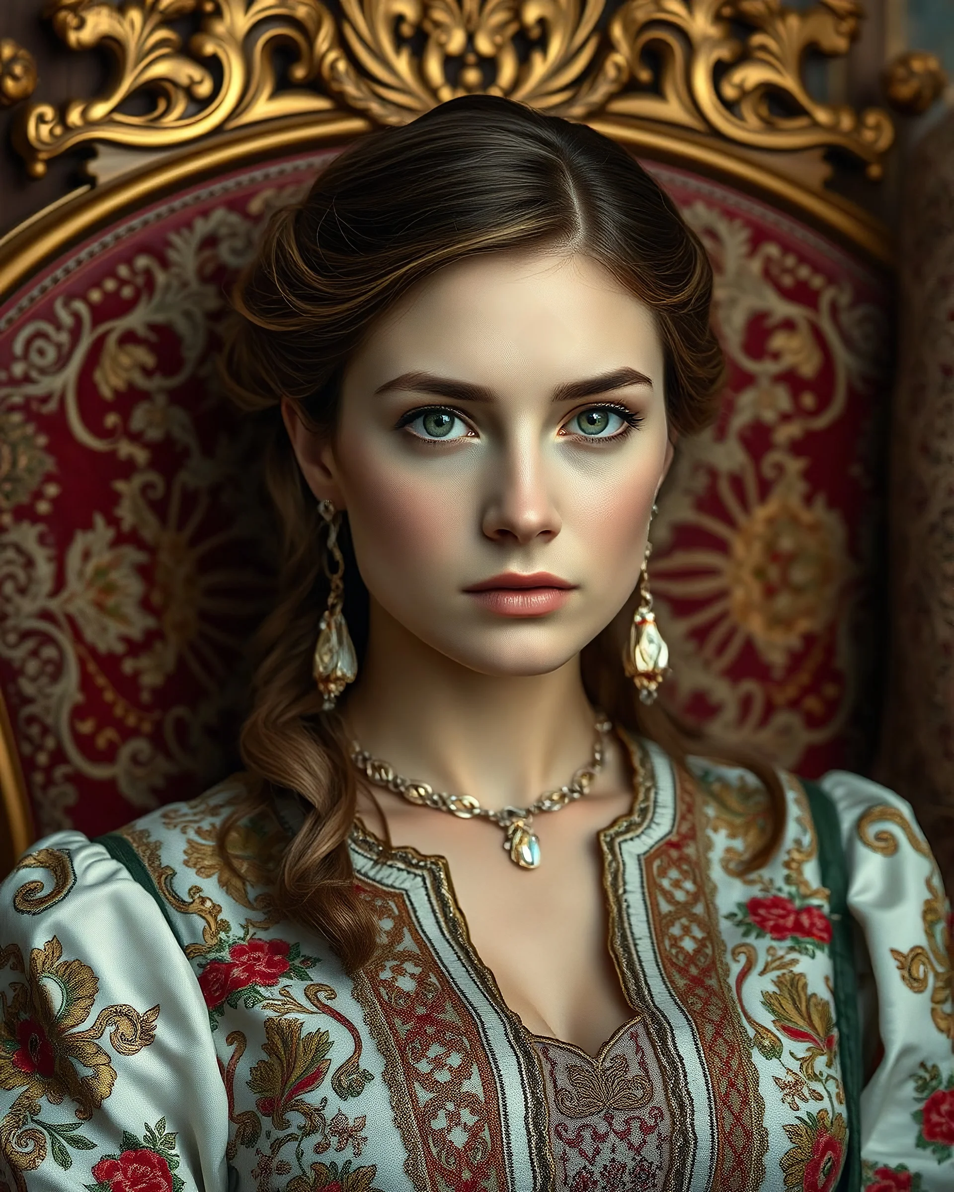 A stunning Russian woman with porcelain skin, high cheekbones, and piercing green eyes, dressed in a traditional embroidered sarafan, sits regally in a lavish, ornate chair, surrounded by opulent fabrics and gold accents, as if plucked from a 19th-century Russian aristocratic portrait, rendered in exquisite hyper-realistic detail, with the rich textures and subtle play of light and shadow characteristic of a masterful oil painting, reminiscent of the works of Ivan Kramskoi, Zinaida Serebriakova