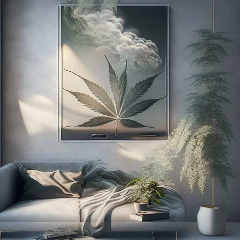 Design an artwork that showcases the pleasure and relaxation derived from indulging in hash and weed, using elements like soft textures, hazy atmospheres, and gentle curves to evoke a sense of tranquility and bliss.