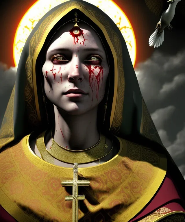 The Virgin Mary, cry in the dark, blood, darkness, Outlast, photorealistic illustration, 8k