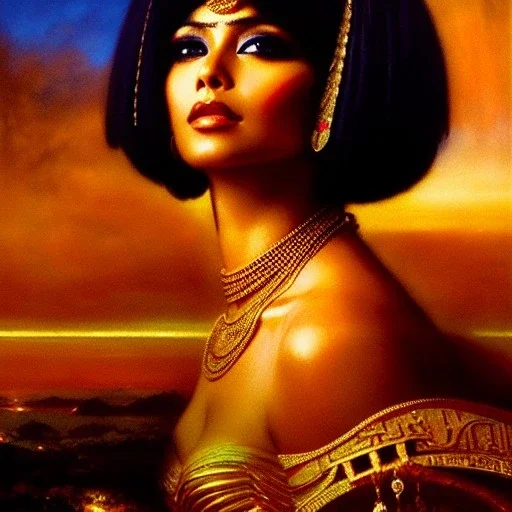 Drawing of beautiful face,busty 'cleopatra',sweet stare,throne,hieroglyphics,balanciaga fashion clothe painting by gaston bussiere, greg rutkowski, yoji shinkawa, yoshitaka amano, tsutomu nihei, donato giancola, tim hildebrandt, oil on canvas, cinematic composition, extreme detail,fit full head inside picture,16k