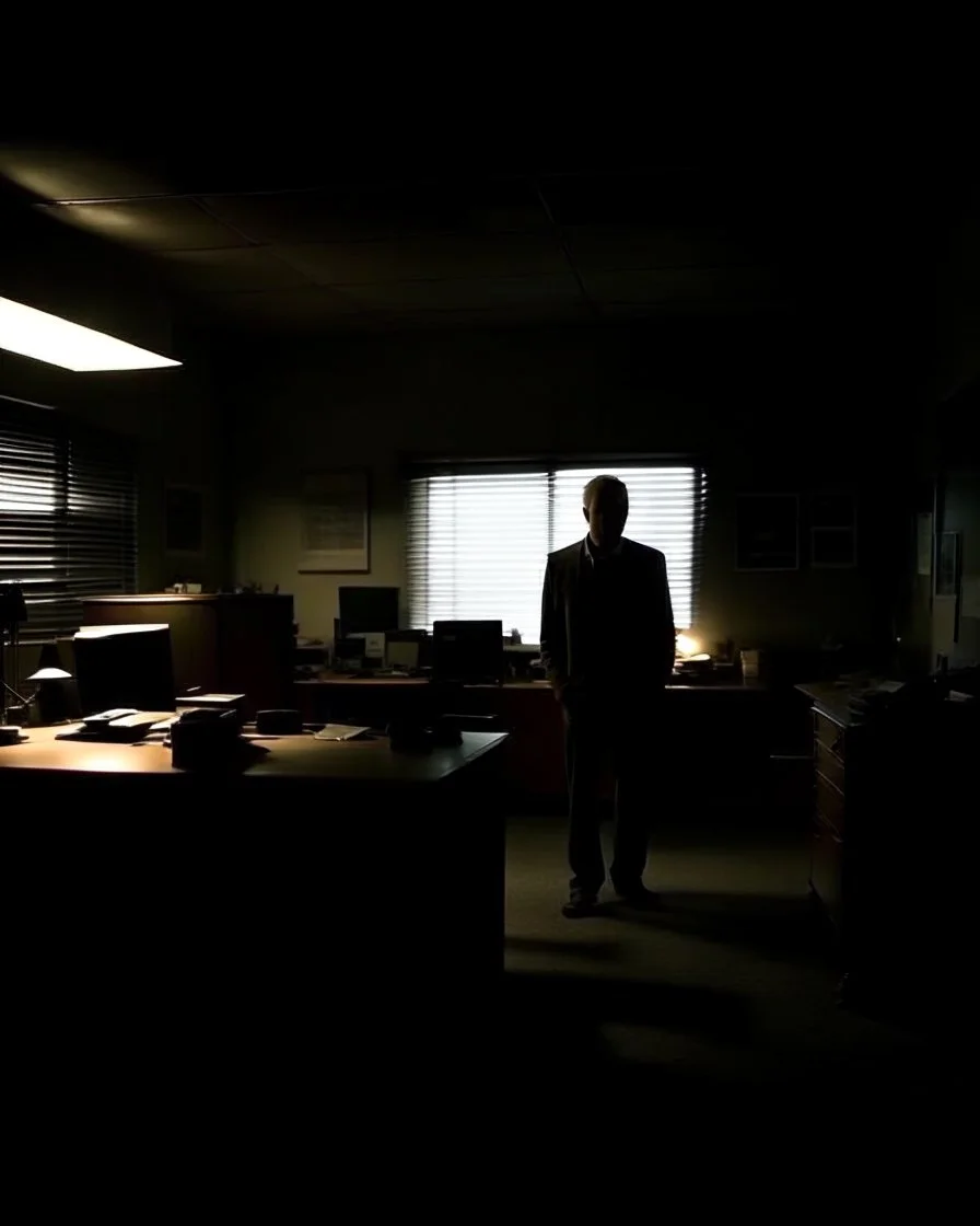 Imagine a scenario where the footage captures a man in a dimly lit office late at night, his shadowy figure moving mysteriously across the room. The flickering lights create an eerie, security camera vision frame