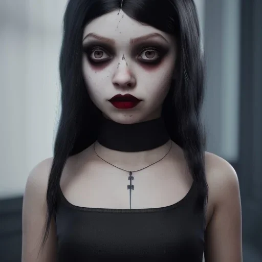 Female Jenna ortega black dress,soft goth libstick, wednesday addams family make up, brad double wig, dramatic lighting, highly detailed, volumetric lighting, unreal engine, 8k