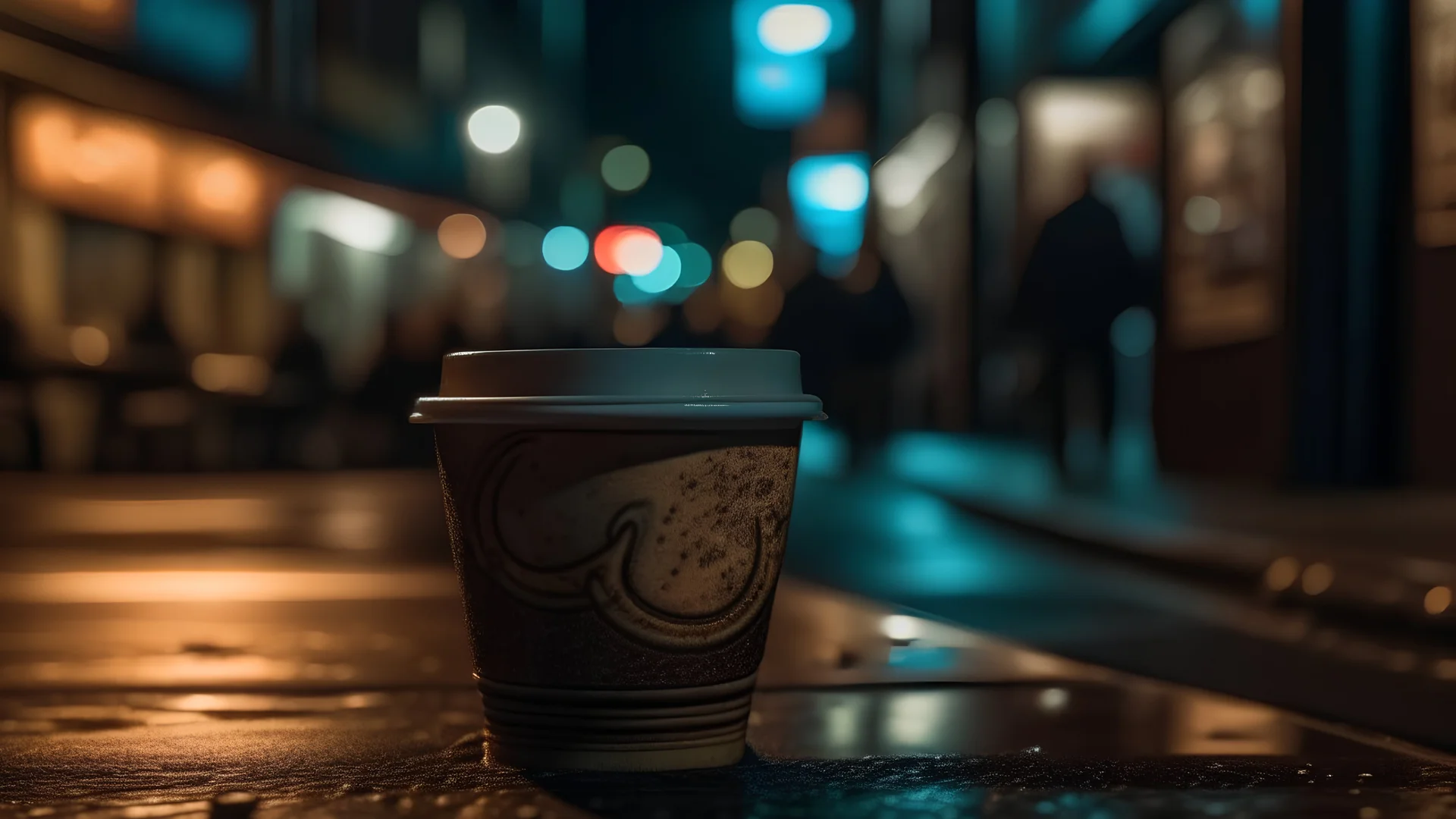 cup of coffee on the street at night, focus mood Generative AI