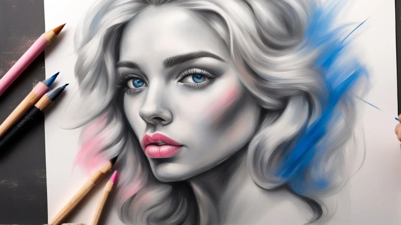 street artist draws a portrait of a blonde woman, charcoal, pencil, pink lips, blue eyes, fine drawing, hand with a brush