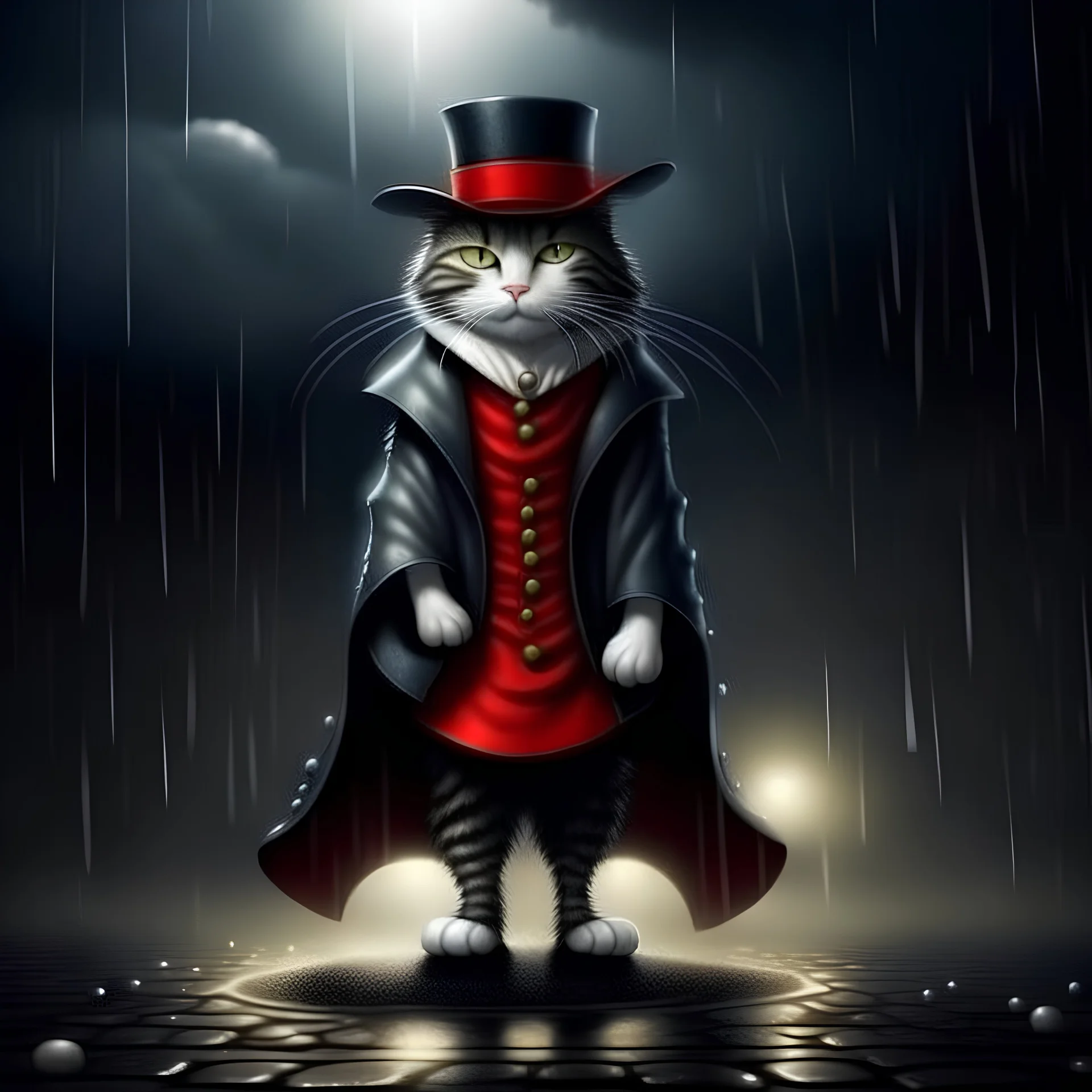 cuento clasico El Gato con Botas imagen realista, sombrero de mosquetero, capa y botas en pose triunfal sombrío fondo oscuro lluvioso