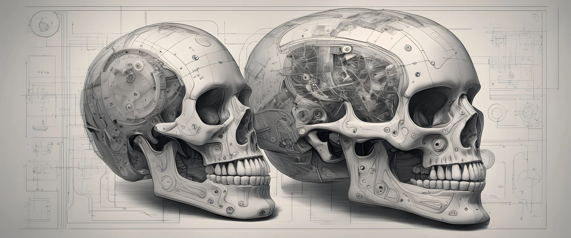 An Andy Warhol style illustration of a set of schematics for a cyborg skull, digital illustration, extreme detail, digital art, 4k, ultra hd, graphite pencil drawing, realistic, fine art, vray, 3d mandelbulber, octane 3d, digital painting, realistic and natural, cosmic sky, detailed full-color, hd photography, realistic surrealism, elements by dr. frankenstein detailed, gloss, hyperrealism, random neon wiring dayglo effects,and background color, industrial background, as a poster with more neon