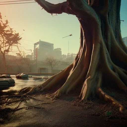 Cyberpunk theme, portrait of Oak tree roots holding man inside, misty sunny day, close-up portrait, symbios