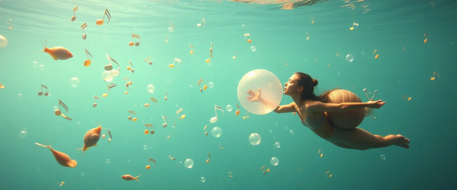 eskimo yoga mind bending bubble gum as a young woman floating transparent music notes in the weirder universe in the ocean with the snail fish