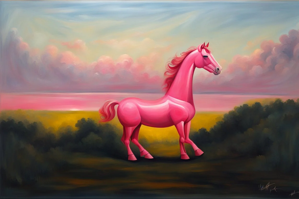 Big pink plastic toy horse.19th painting