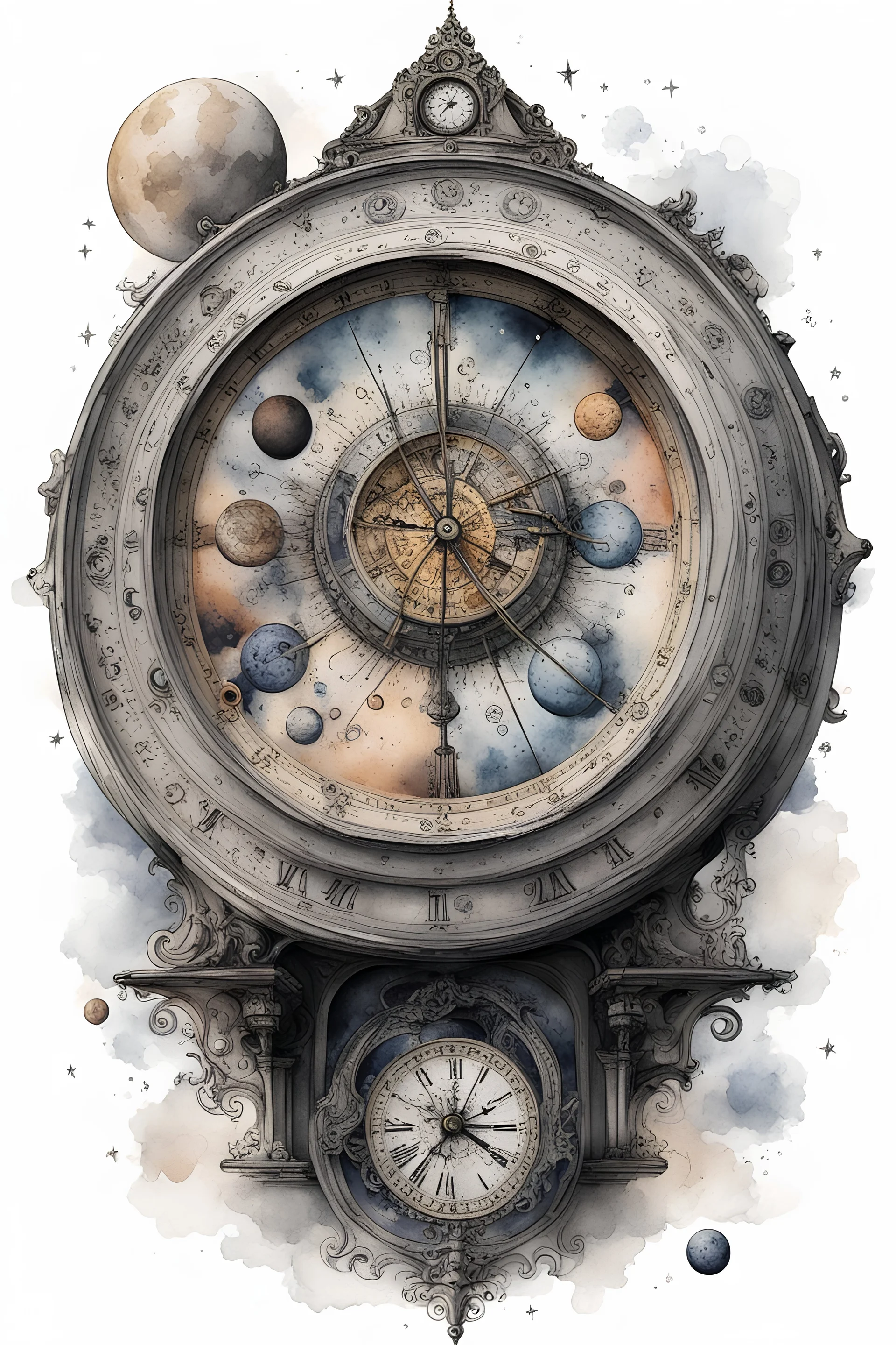 An realism modern design with watercolo and beautiful astronomical clock with all the graphic details it has the original added sun and moon and planets black ink on white background