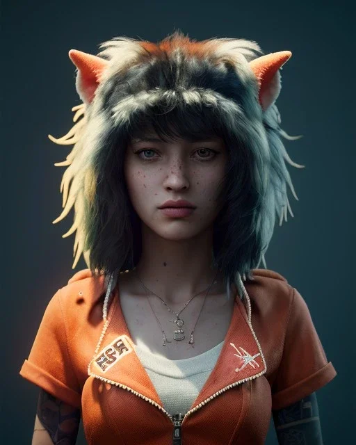 Realistic portrait, hybrid character, waitress sexy British woman with monster muppet mask that covers her entire head, Sesame Street style, retro style, pub, short shirt, old school tattoo, hot, smooth, unreal engine 5, god lights, ray tracing, RTX, lumen lighting, ultra detail, volumetric lighting, 3d.