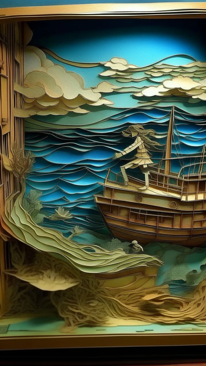 The ship fades out in the horizon, nostalgic goodbye, diorama in the style of Alphonse mucha