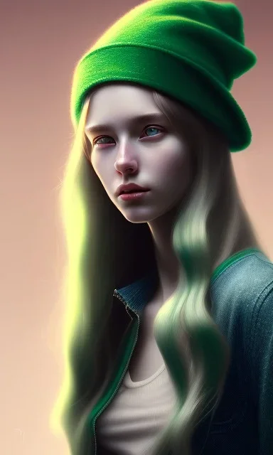 girl, cute, beautiful, long hair, wavy hair, green hair, blue eyes, green beanie, green coat, black tee shirt, head and shoulders portrait, 8k resolution concept art portrait by Greg Rutkowski, Artgerm, WLOP, Alphonse Mucha dynamic lighting hyperdetailed intricately detailed